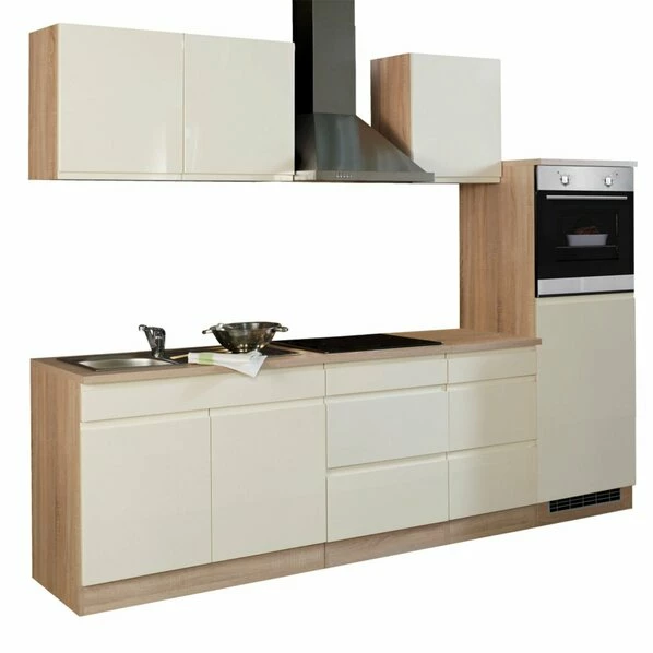 Küchenblock WIEN - Creme Hochglanz-Sonoma Eiche - Mit E-Geräten - 270 Cm
