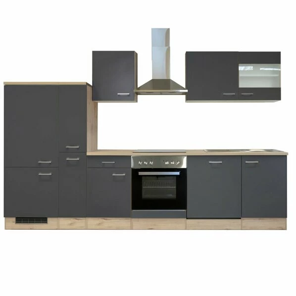 Küchenblock MORENA - Basaltgrau Matt - San Remo Eiche - Mit E-Geräten - 310 Cm