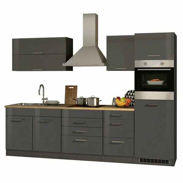 Küchenblock ROM - Grafitgrau Hochglanz - Mit E-Geräten - 290 Cm