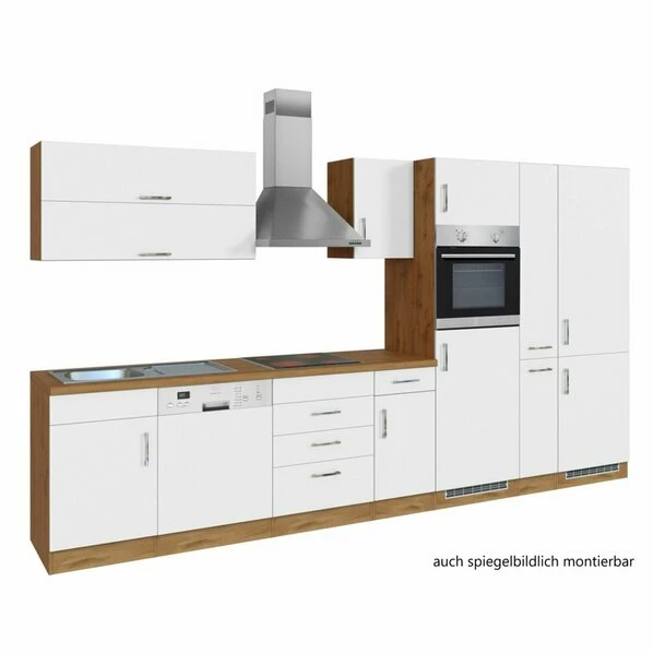 Küchenblock SORRENTO - Weiß - Wotan Eiche - Mit E-Geräten - 360 Cm