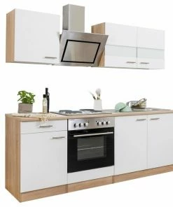 RESPEKTA Küchenzeile - Weiß - Eiche Sägerau - Mit E-Geräten - 210 Cm