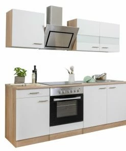 RESPEKTA Küchenzeile - Weiß - Eiche Sägerau - Mit E-Geräten - 210 Cm