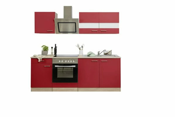 RESPEKTA Küchenzeile - Rot - Eiche Sägerau - Mit E-Geräten - 210 Cm