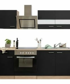 RESPEKTA Küchenzeile - Schwarz - Eiche Sägerau - Mit E-Geräten - 210 Cm