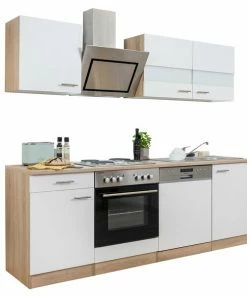 RESPEKTA Küchenzeile - Weiß - Eiche Sägerau - Mit E-Geräten - 220 Cm