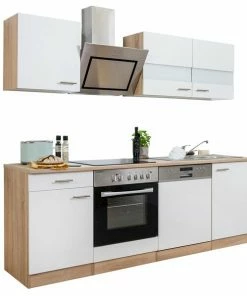 RESPEKTA Küchenzeile - Weiß - Eiche Sägerau - Mit E-Geräten - 220 Cm