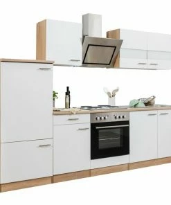 RESPEKTA Küchenzeile - Weiß - Eiche Sägerau - Mit E-Geräten - 270 Cm