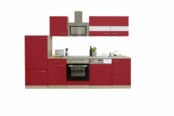 RESPEKTA Küchenzeile - Rot - Eiche Sägerau - Mit E-Geräten - 280 Cm