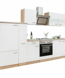 RESPEKTA Küchenzeile - Weiß - Eiche Sägerau - Mit E-Geräten - 300 Cm