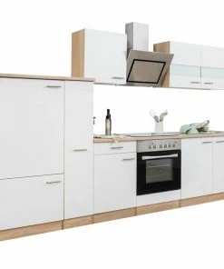 RESPEKTA Küchenzeile - Weiß - Eiche Sägerau - Mit E-Geräten - 300 Cm