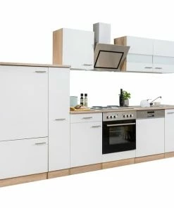 RESPEKTA Küchenzeile - Weiß - Eiche Sägerau - Mit E-Geräten - 310 Cm