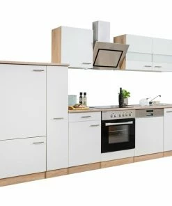 RESPEKTA Küchenzeile - Weiß - Eiche Sägerau - Mit E-Geräten - 310 Cm