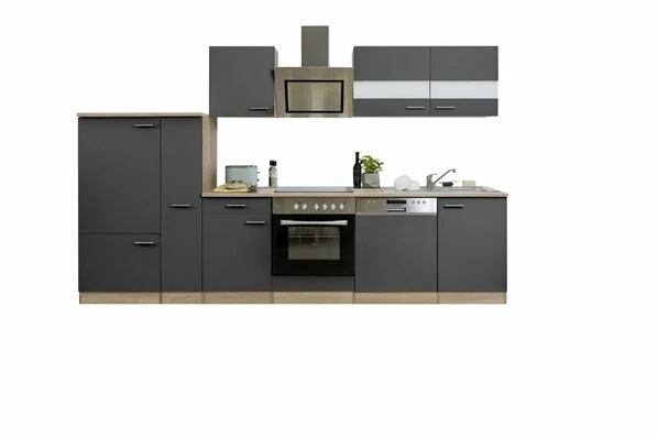 RESPEKTA Küchenzeile - Grau - Eiche Sägerau - Mit E-Geräten - 310 Cm