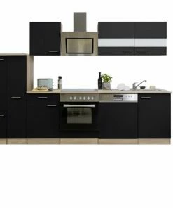 RESPEKTA Küchenzeile - Schwarz - Eiche Sägerau - Mit E-Geräten - 310 Cm