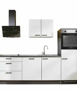 Küchenblock - Steingrau Hochglanz-lavagrau - Mit E-Geräten - 260 Cm