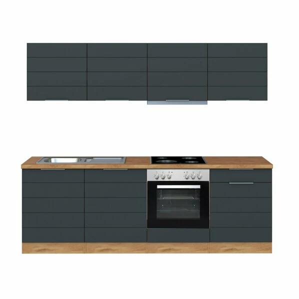 Küchenblock FLORENZ - Grau Matt - Wotan Eiche - Mit E-Geräten - 240 Cm