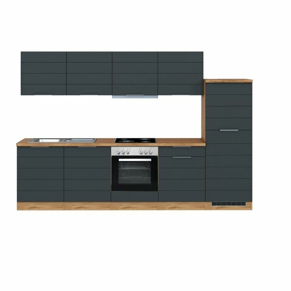 Küchenblock FLORENZ - Grau Matt - Wotan Eiche - Mit E-Geräten - 300 Cm