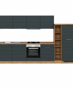 Küchenblock FLORENZ - Grau Matt - Wotan Eiche - Mit E-Geräten - 330 Cm