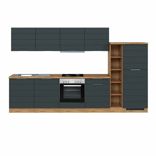 Küchenblock FLORENZ - Grau Matt - Wotan Eiche - Mit E-Geräten - 330 Cm