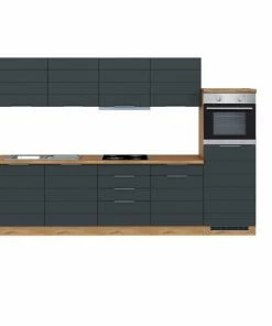 Küchenblock FLORENZ - Grau Matt-Wotan Eiche - Mit E-Geräten - 300 Cm