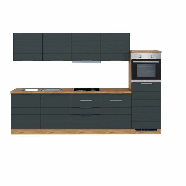 Küchenblock FLORENZ - Grau Matt-Wotan Eiche - Mit E-Geräten - 300 Cm