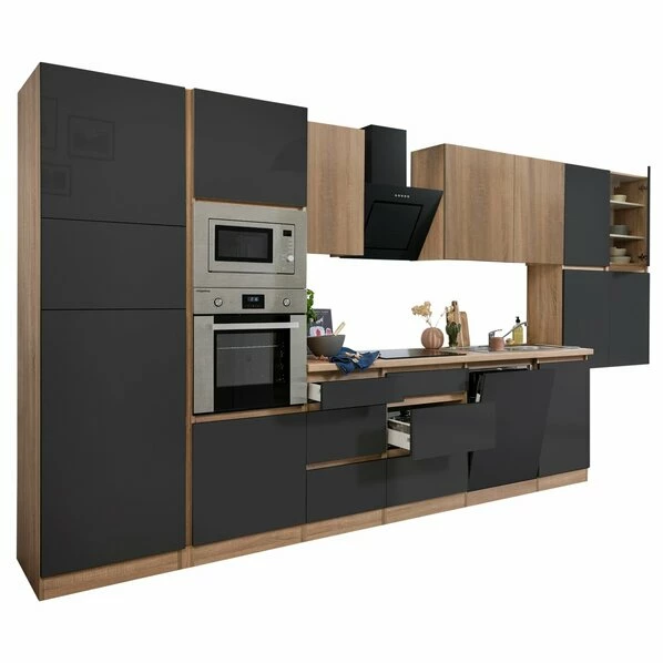 RESPEKTA Küchenblock - Grau Hochglanz-Eiche Sägerau - Mit E-Geräten - 445 Cm